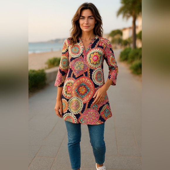 Honeyme - Multi Colored Tunic, 3/4 Sleeves W/Button, V-neck Size Small, Made USA - Picture 9 of 9